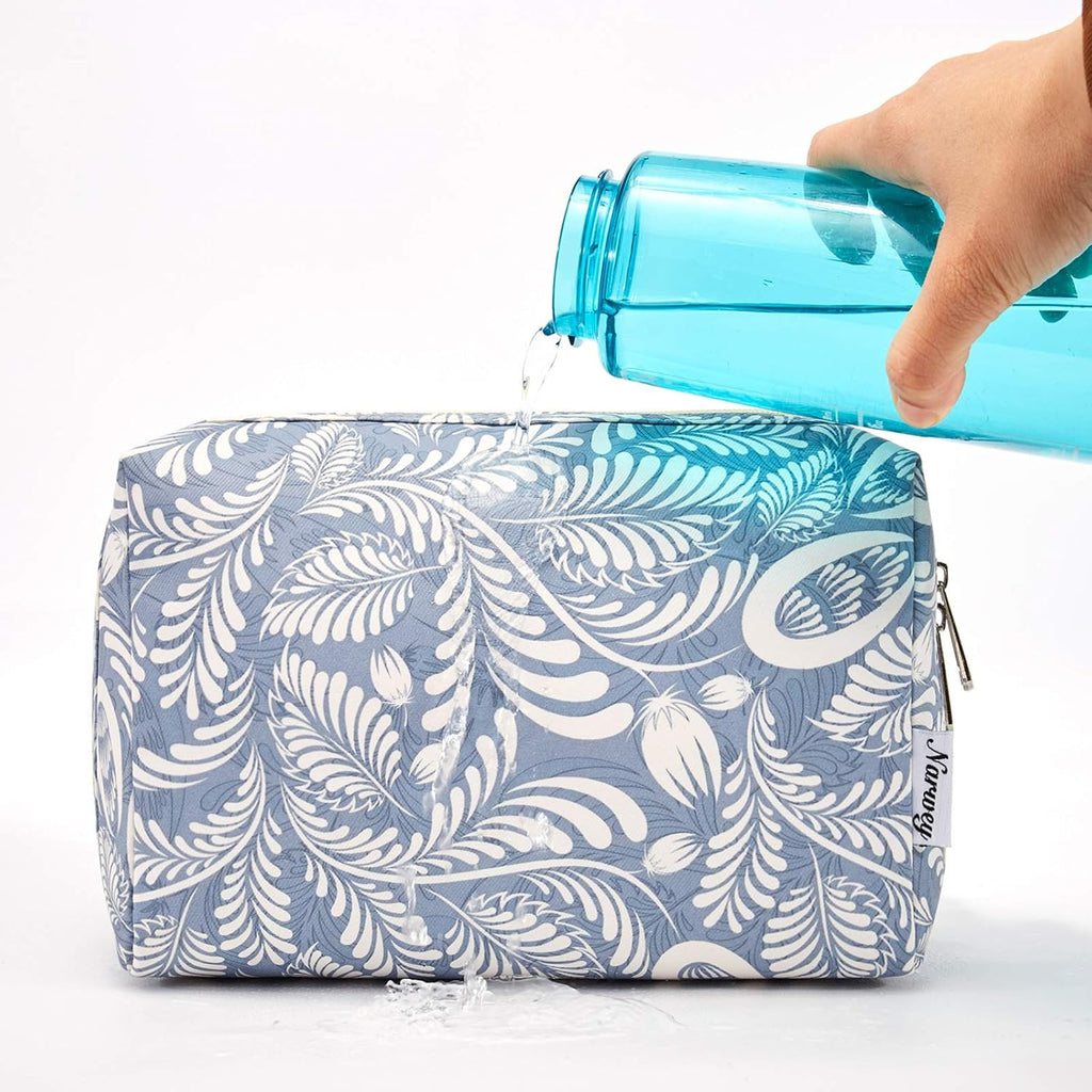 Large Makeup Bag Zipper Pouch Travel Cosmetic Organizer for Women (Large, Blue Leaf)