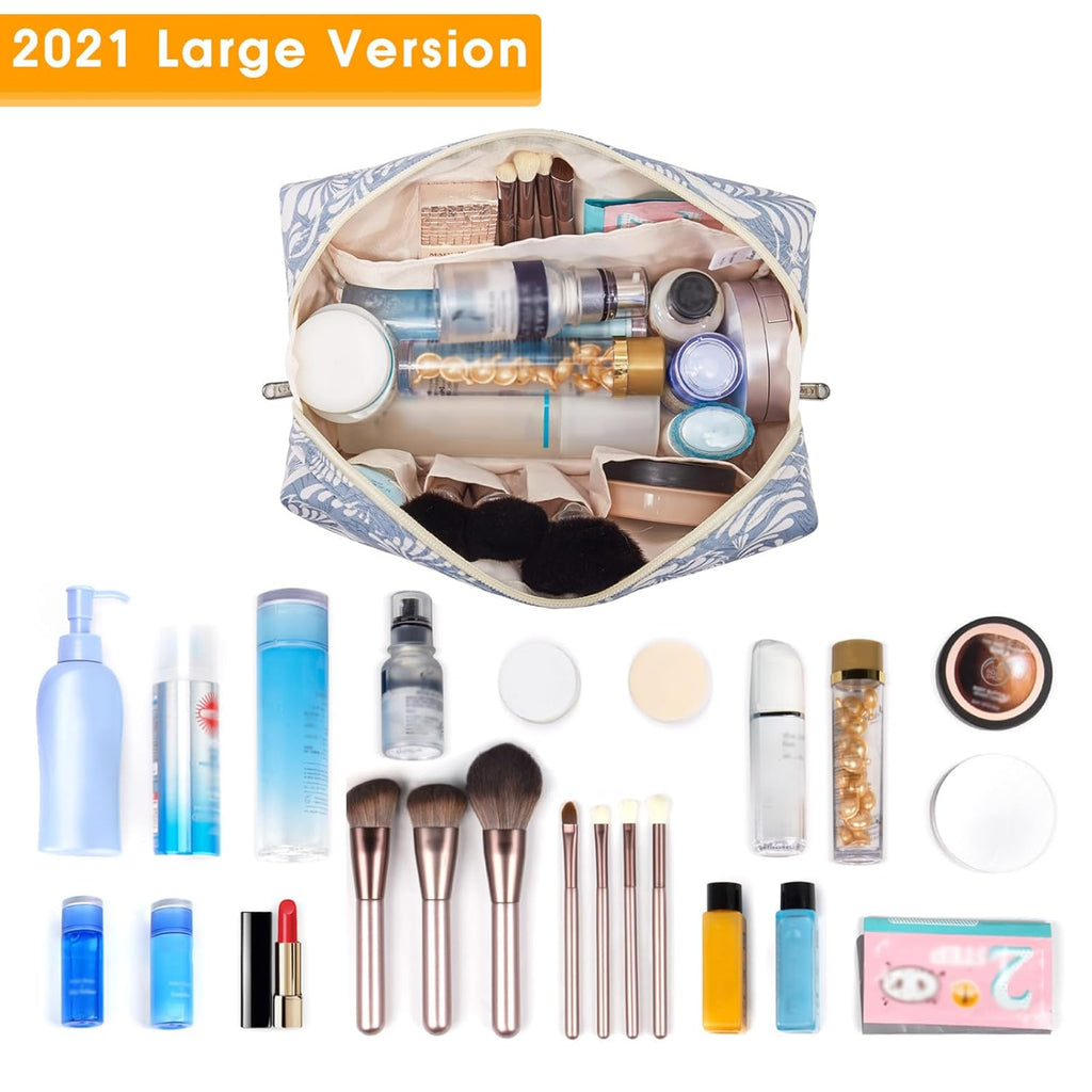 Large Makeup Bag Zipper Pouch Travel Cosmetic Organizer for Women (Large, Blue Leaf)